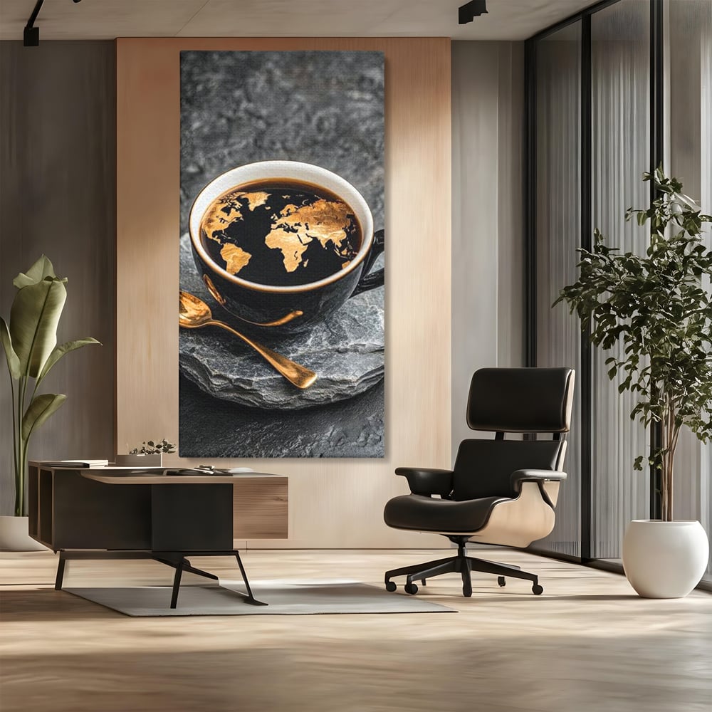 Tablou canvas cu tablou canvas cu ceasca de cafea si harta lumii, fara rama, pe sasiu de lemn, pe perete intr-un birou